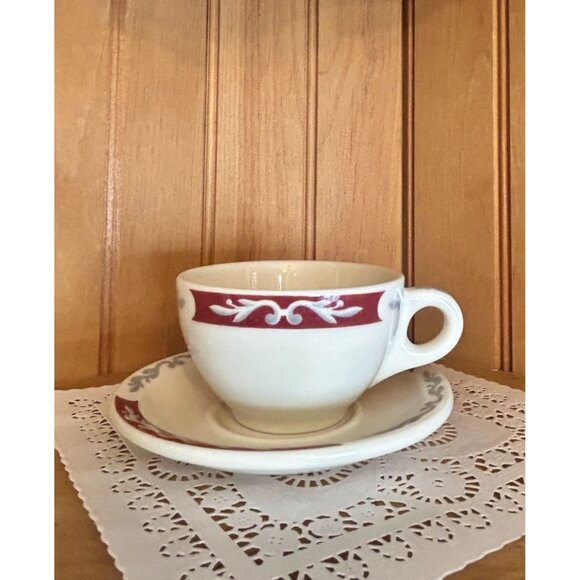 Vintage Syracuse China Teacup & Saucer Set Embassy Burgundy Gray Swirl Restauran - Picture 1 of 8